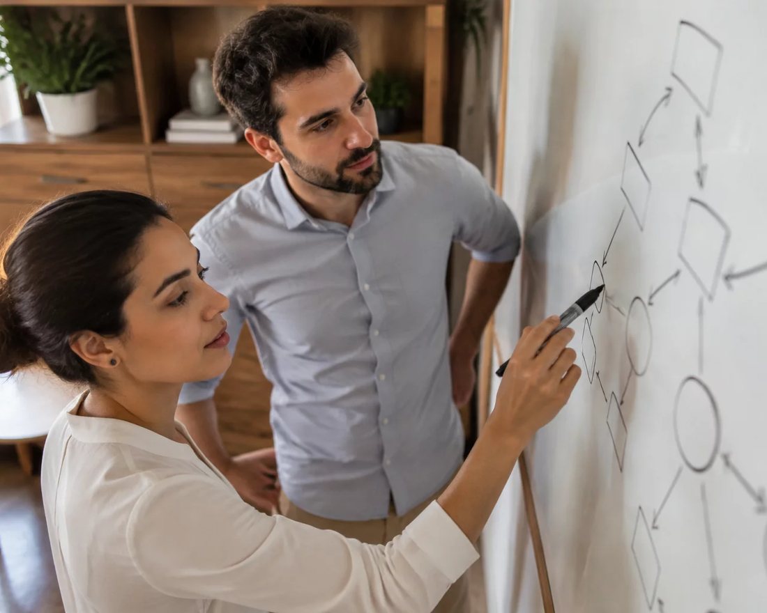 Duas pessoas em pé diante de um quadro branco onde um argumento está desenhado