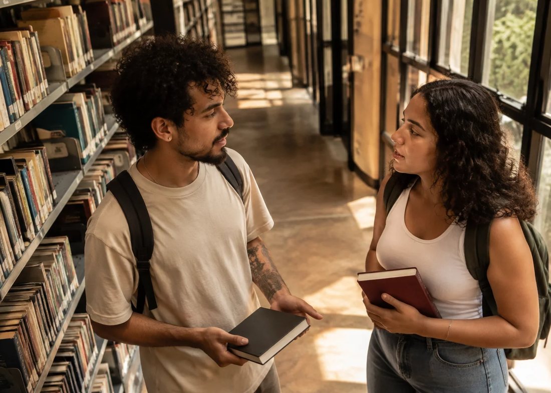 Participantes conversando em pé no corredor entre estantes de livros altas